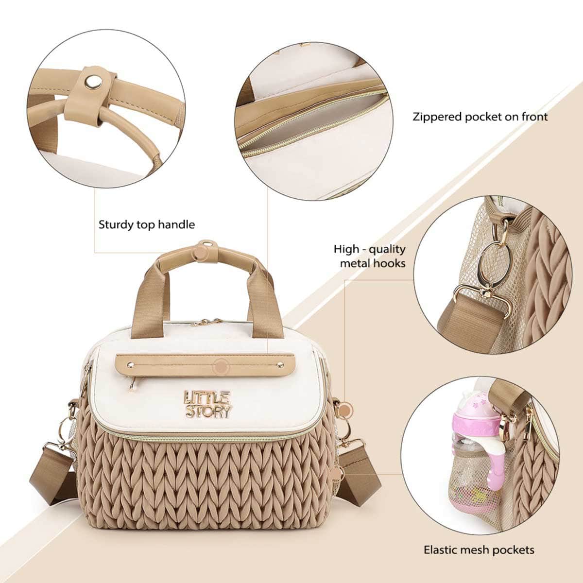 Little Story Khaki Compact Diaper Bag with Changing Pad & Shoulder Strap