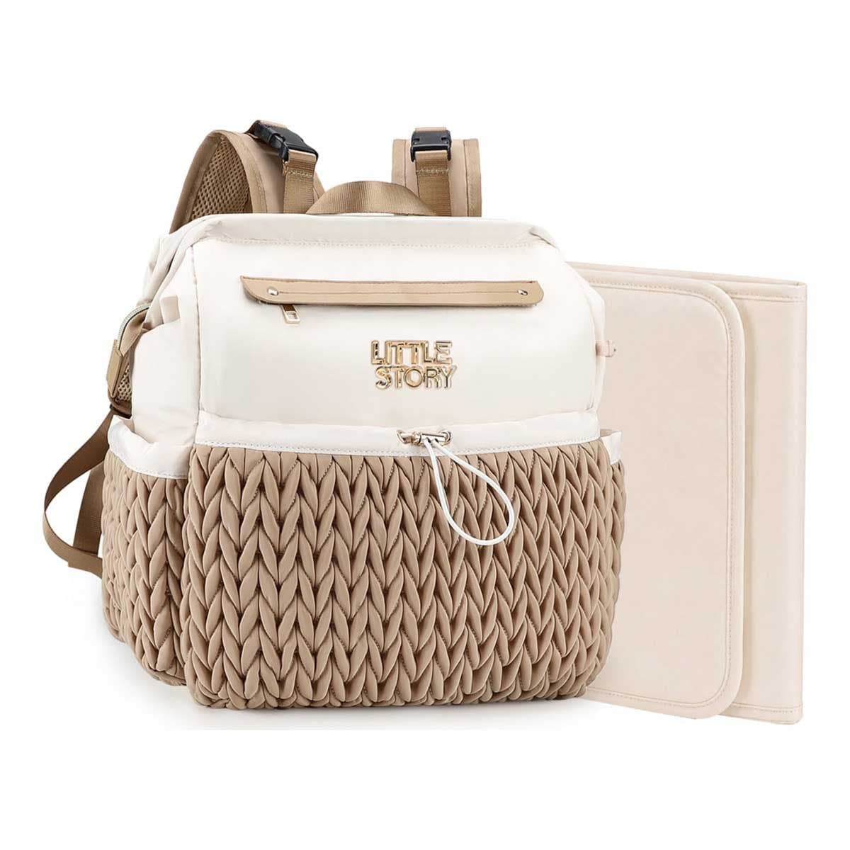 Little Story Khaki Diaper Backpack with Changing Pad & Laptop Sleeve