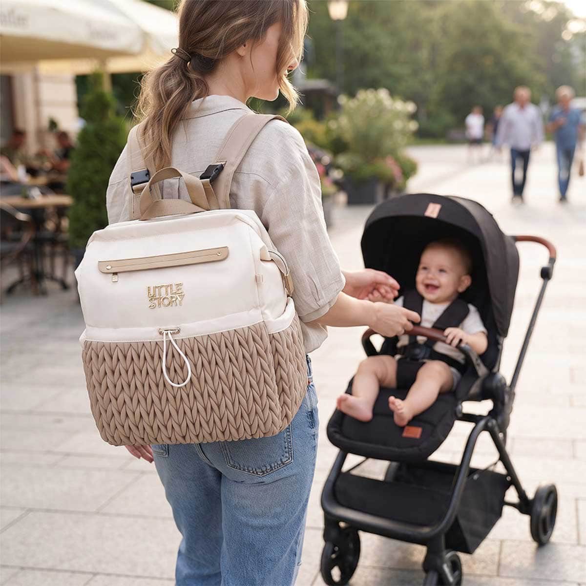 Little Story Khaki Diaper Backpack with Changing Pad & Laptop Sleeve