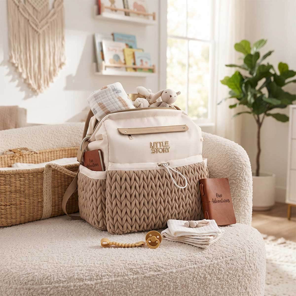 Little Story Khaki Diaper Backpack with Changing Pad & Laptop Sleeve