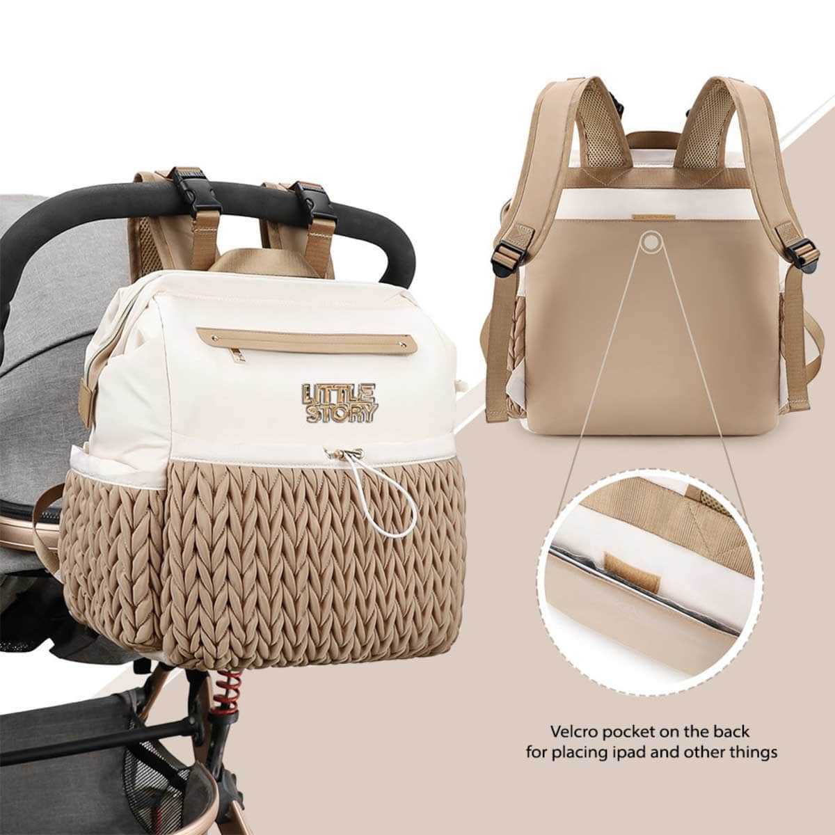 Little Story Khaki Diaper Backpack with Changing Pad & Laptop Sleeve