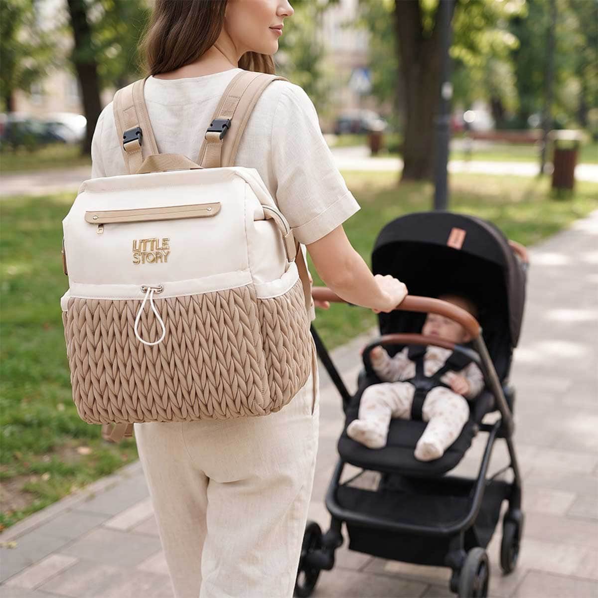 Little Story Khaki Diaper Backpack with Changing Pad & Laptop Sleeve