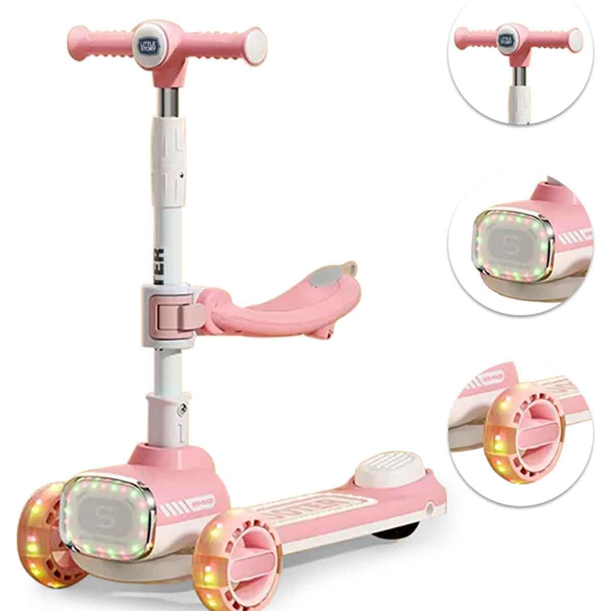Little Story Pink Kids Scooter with Ride-On & Push Handle