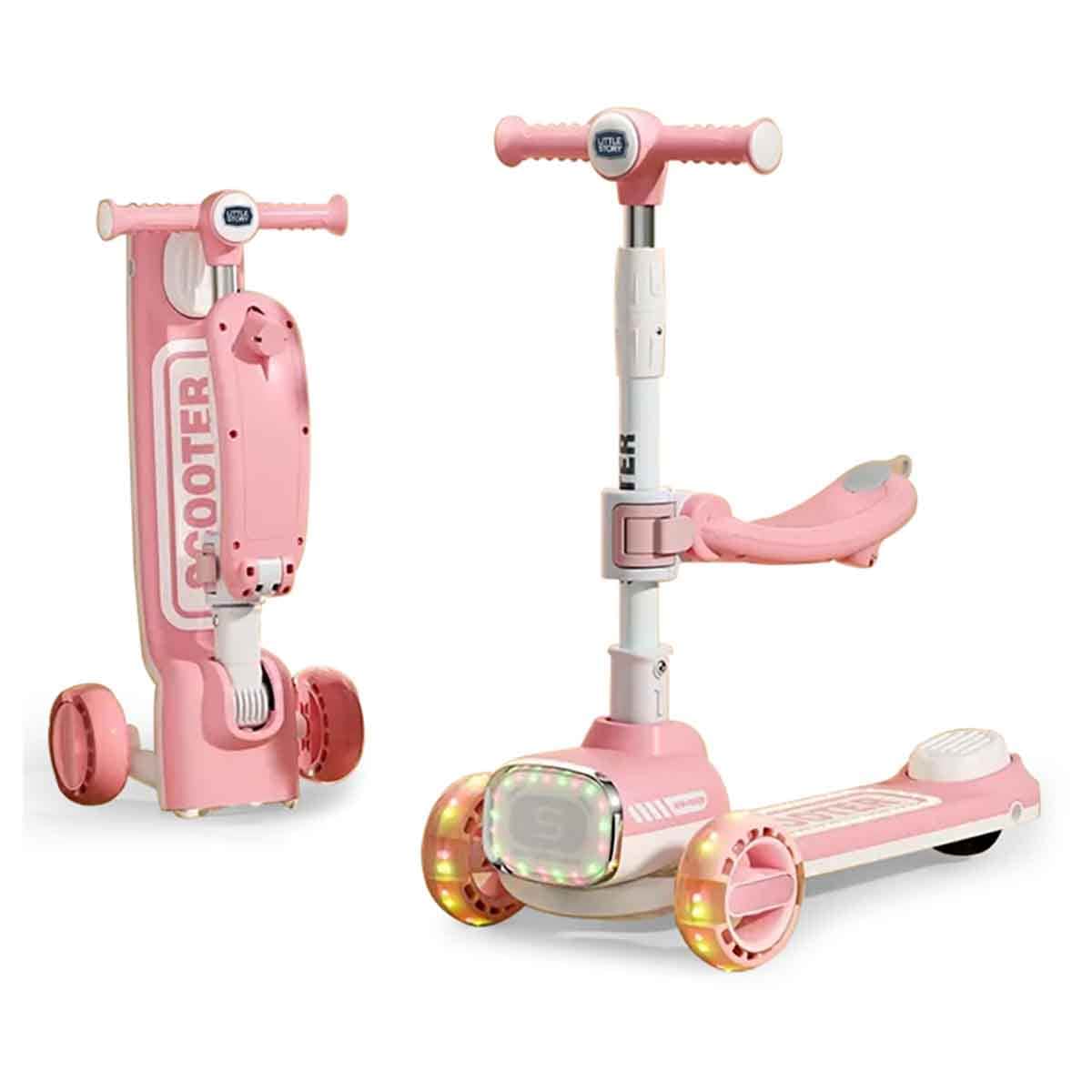Little Story Pink Kids Scooter with Ride-On & Push Handle