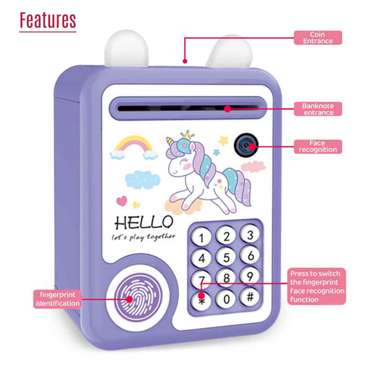 Little Story Unicorn Purple Lovely Piggy Bank with Fingerprint Lock & Music