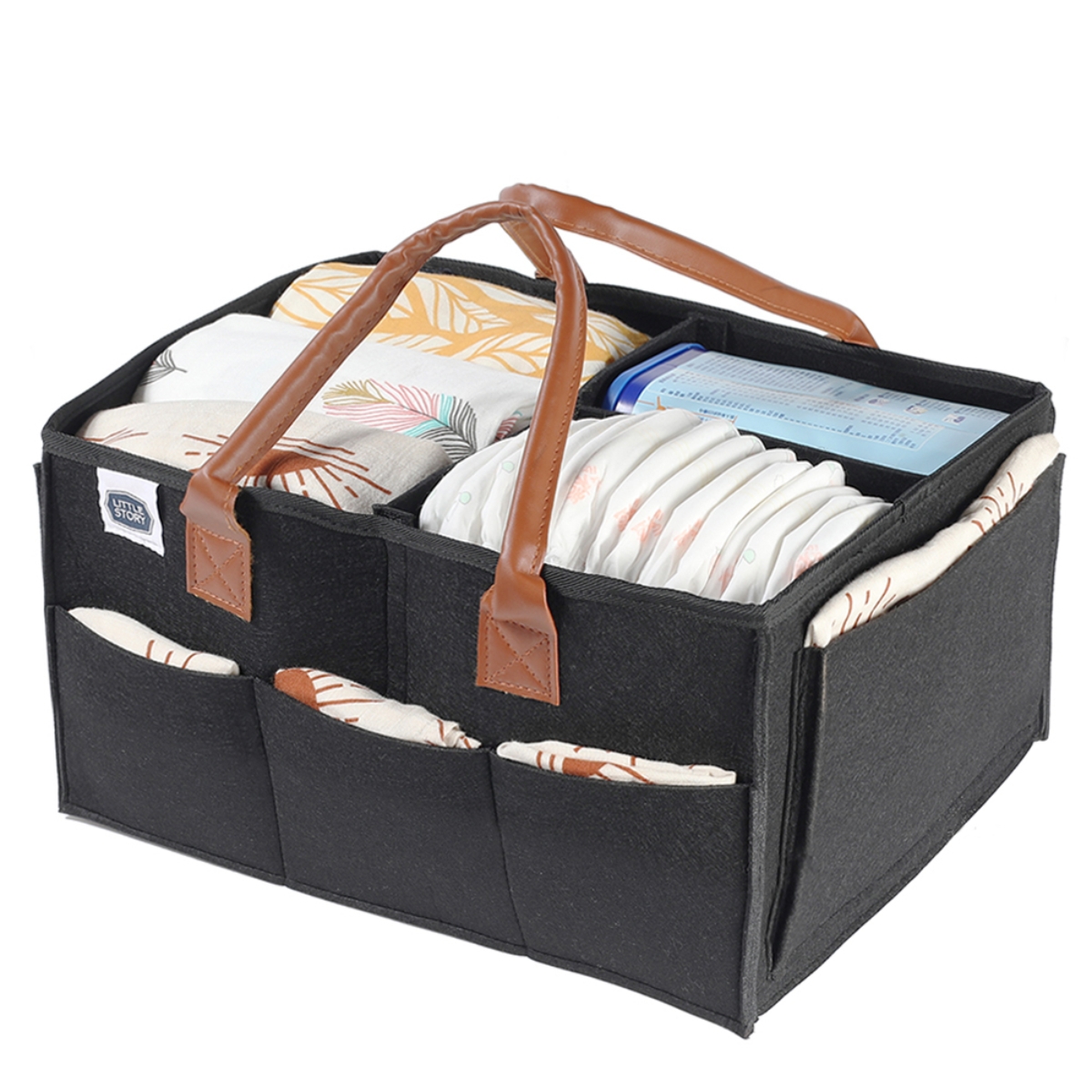 ليتل ستوري منظم حفاضات أسود متوسط الحجم مع حقيبة سفر للرضع