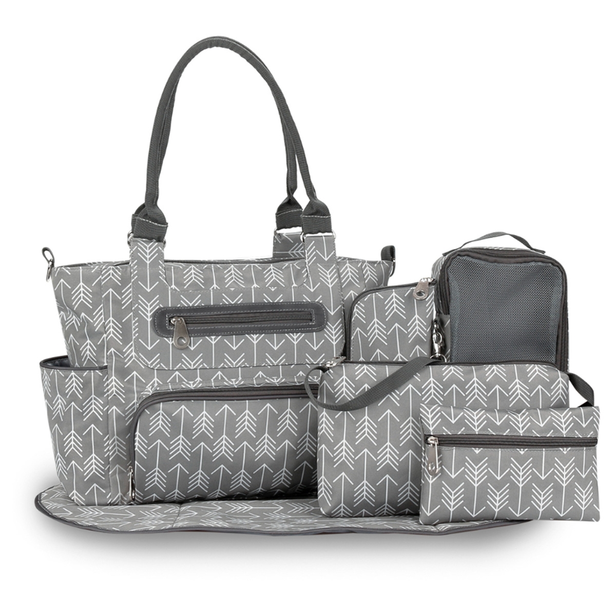 ليتل ستوري حقيبة حفاضات ميلانج رمادية مع خطافات للأطفال، مجموعة من 6