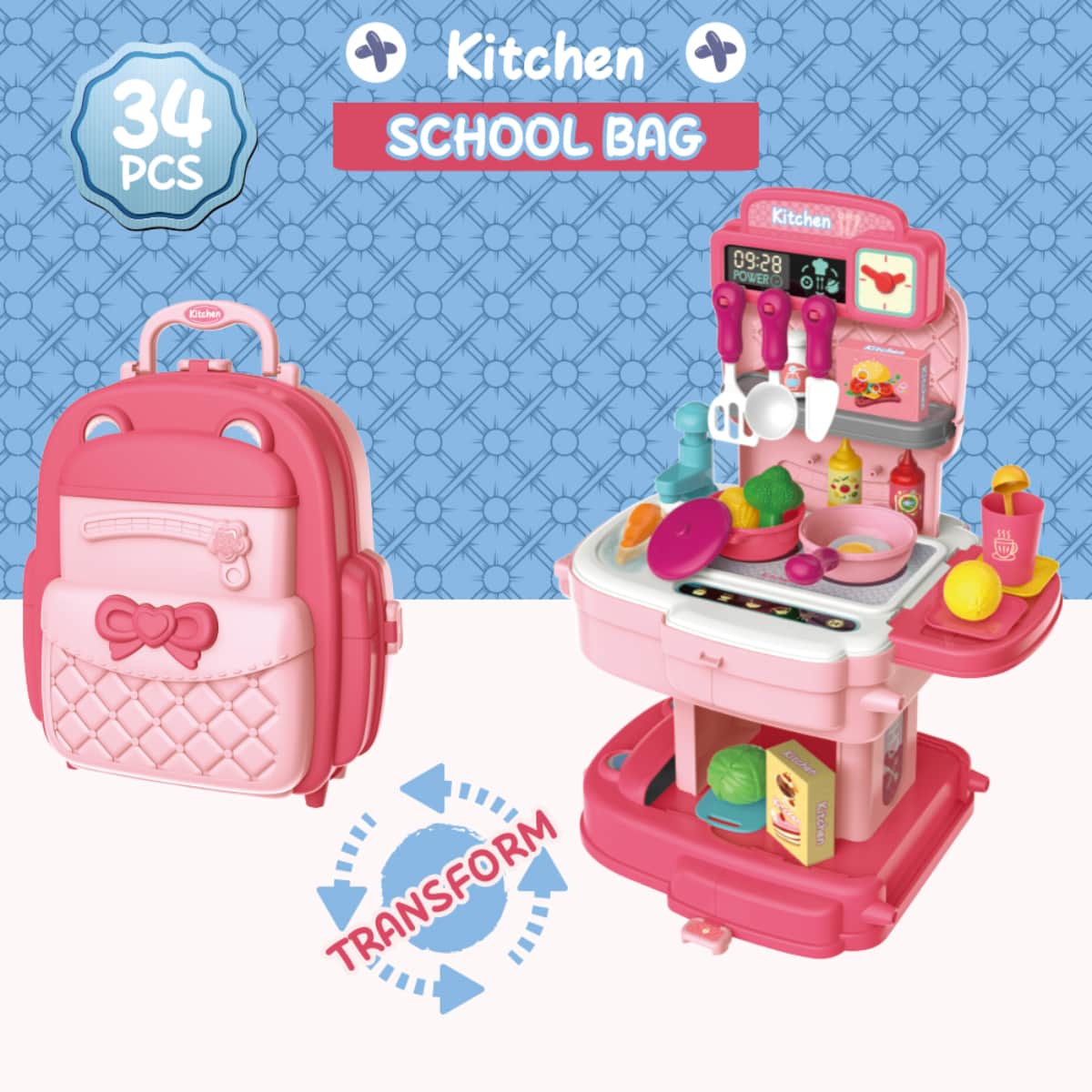 Little Story Pink 2-In-1 Mode Chef/Kitchen/Restaurant Role Play Toy Set School Bag Unisex, 3-4 Years
