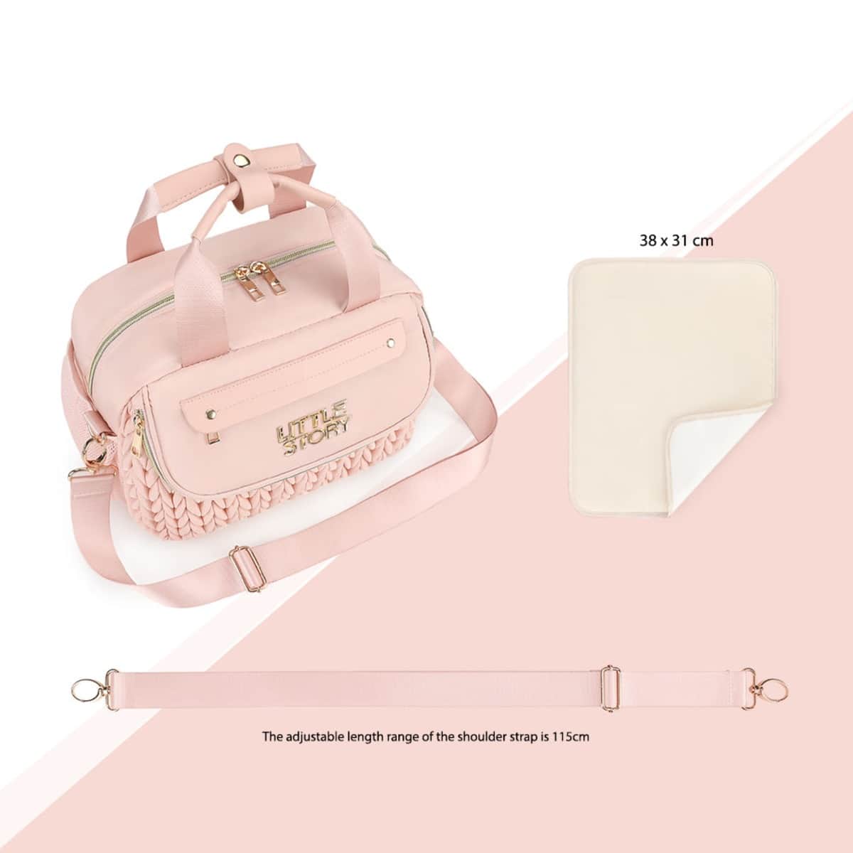 Little Story Pink Compact Diaper Bag with Changing Pad & Shoulder Strap