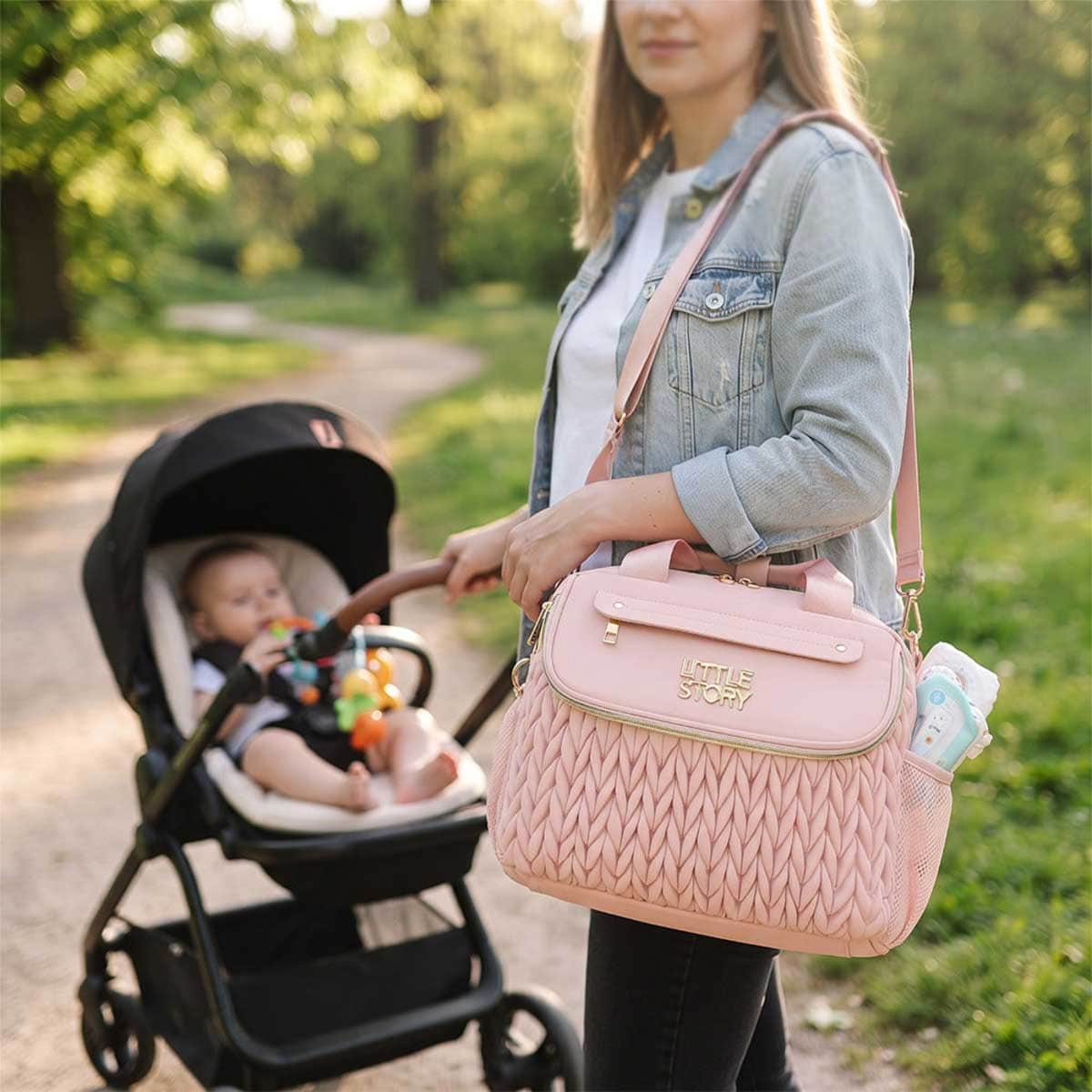 Little Story Pink Compact Diaper Bag with Changing Pad & Shoulder Strap