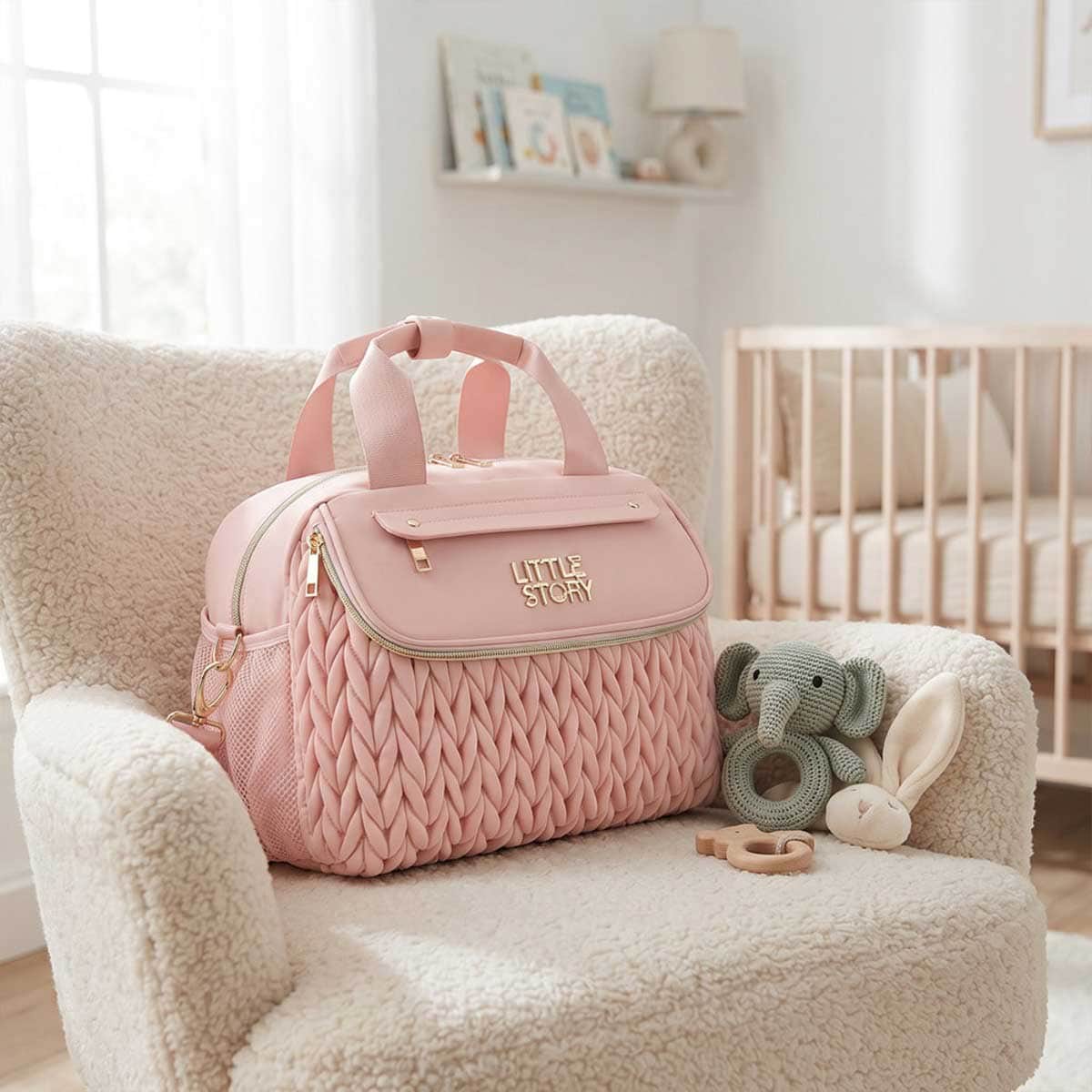 Little Story Pink Compact Diaper Bag with Changing Pad & Shoulder Strap