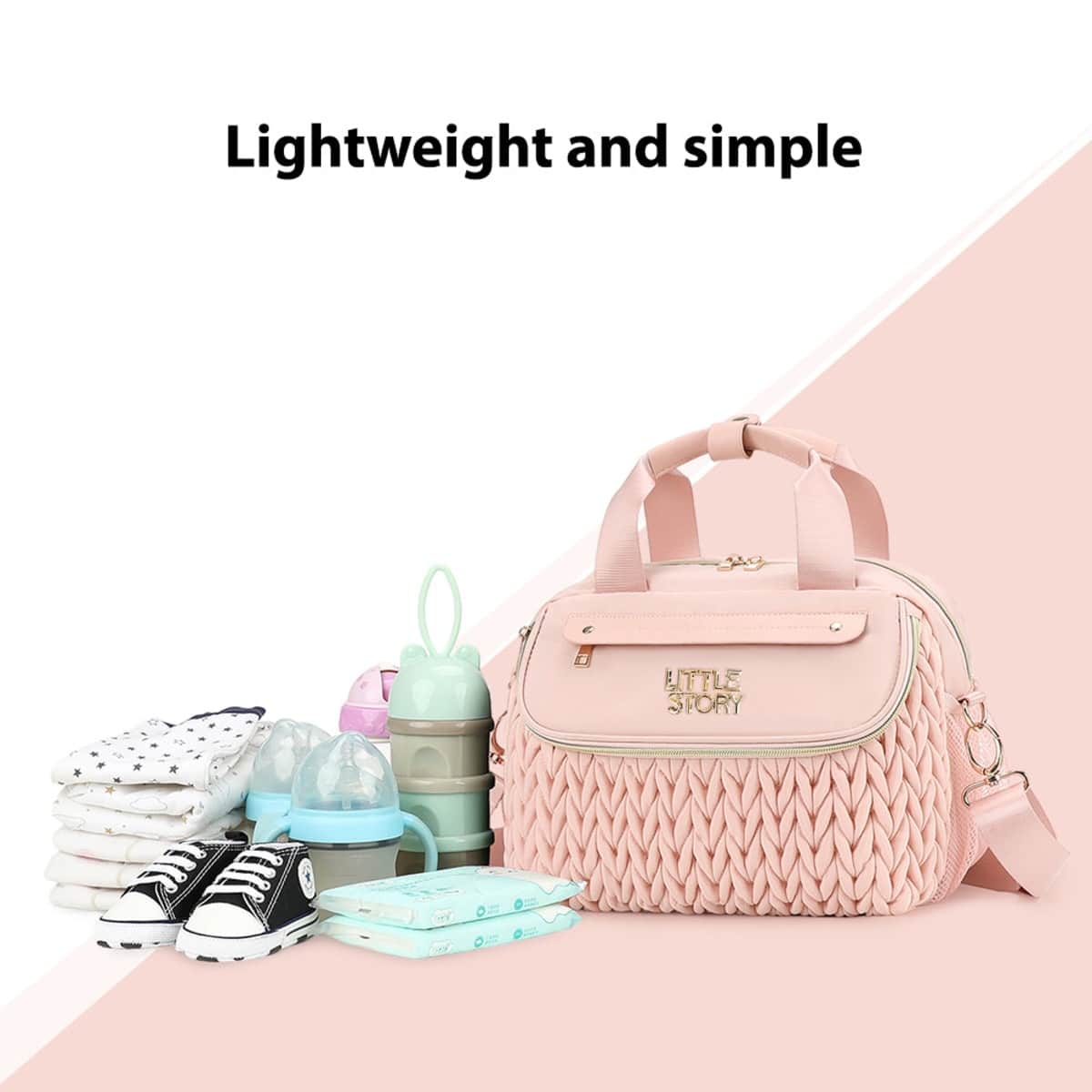 Little Story Pink Compact Diaper Bag with Changing Pad & Shoulder Strap