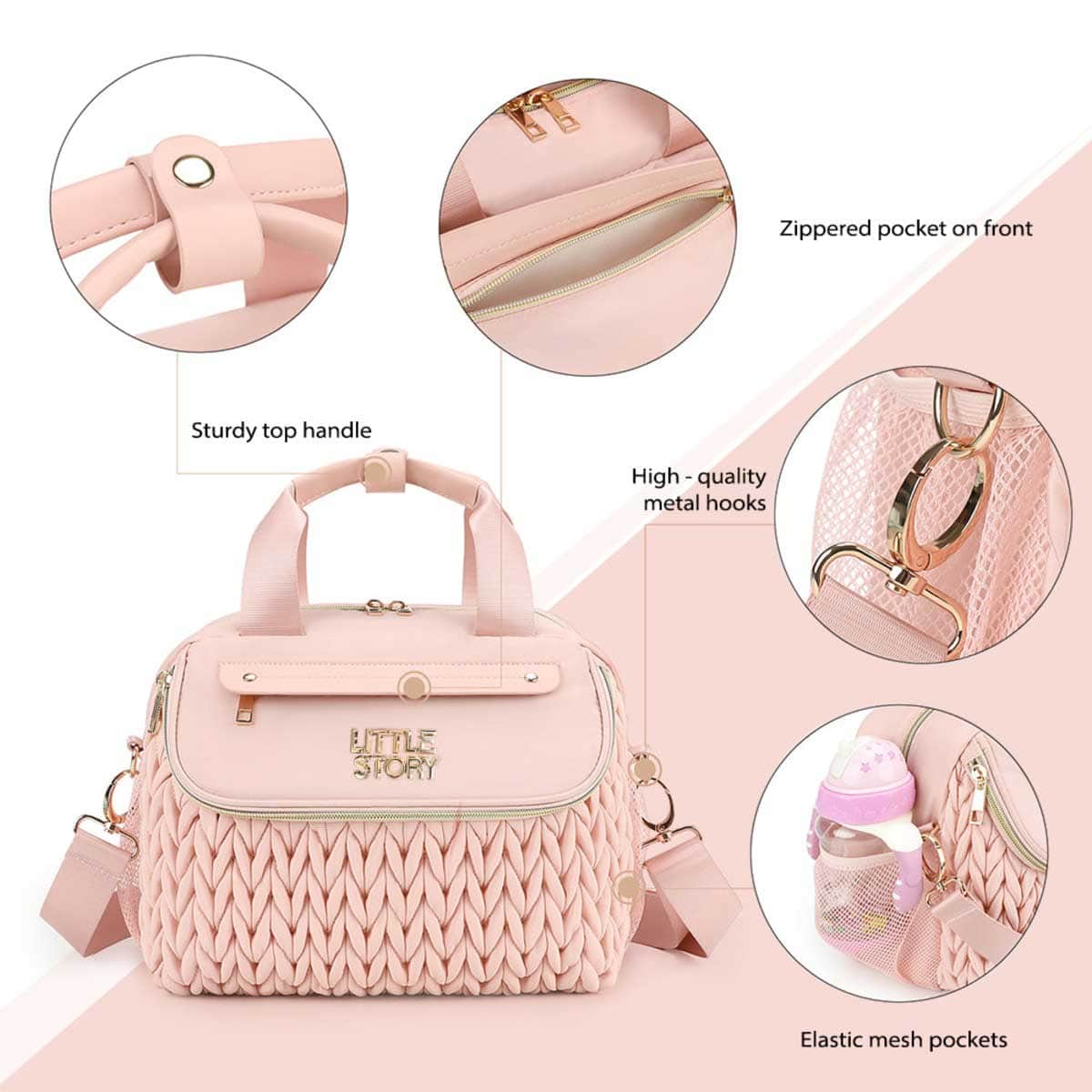 Little Story Pink Compact Diaper Bag with Changing Pad & Shoulder Strap