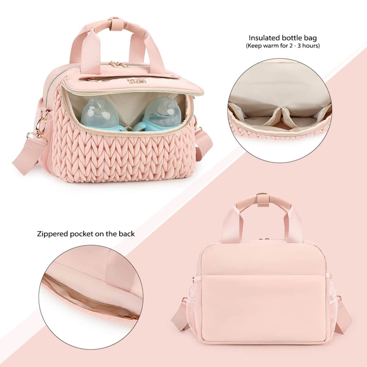 Little Story Pink Compact Diaper Bag with Changing Pad & Shoulder Strap