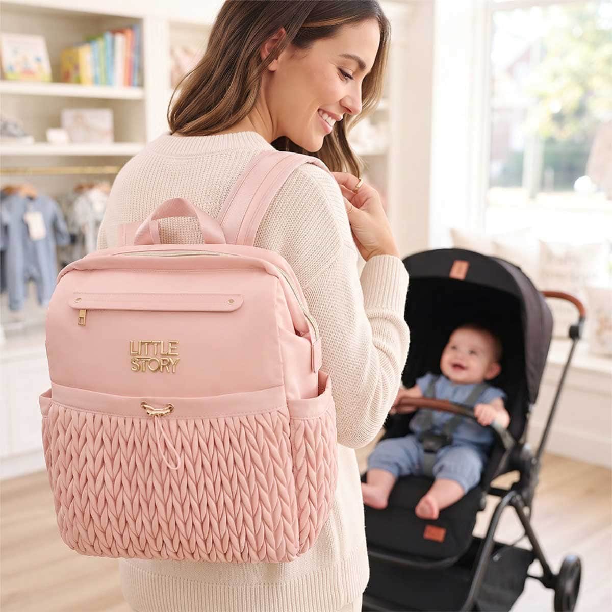 Little Story Pink Diaper Backpack with Changing Pad & Laptop Sleeve