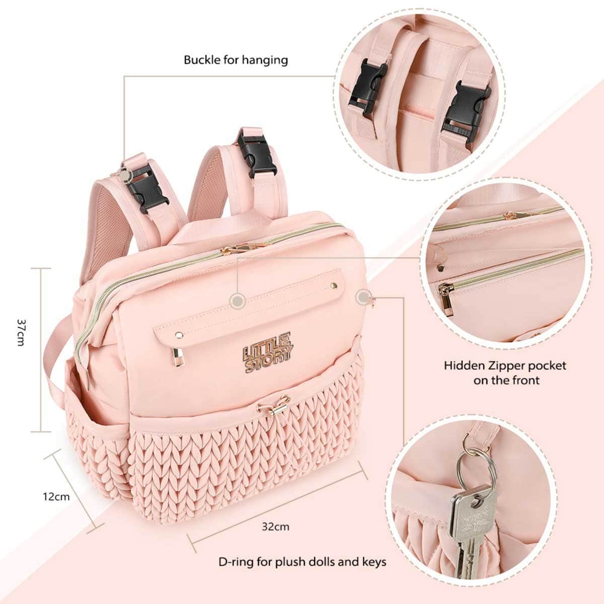 Little Story Pink Diaper Backpack with Changing Pad & Laptop Sleeve