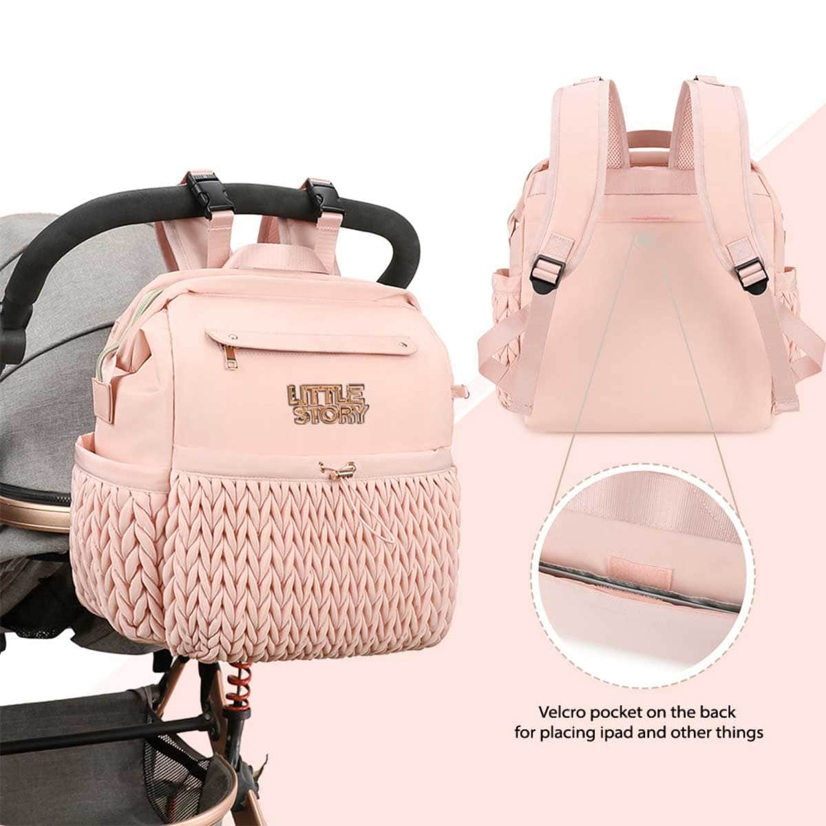 Little Story Pink Diaper Backpack with Changing Pad & Laptop Sleeve