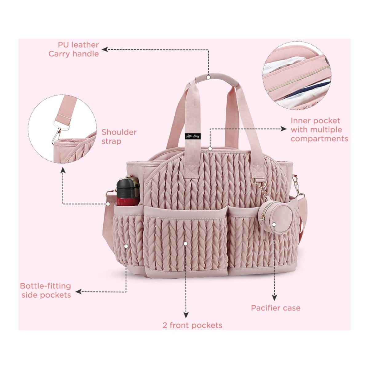 Little Story Pink Nova Tote Bag with Pacifier Pod