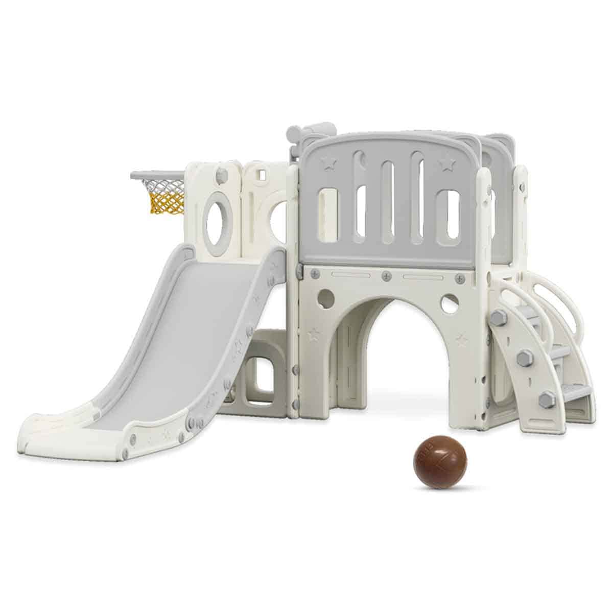 Little Story Grey Playhouse Activity Slide with Basketball Ring, Ball & Toy Storage