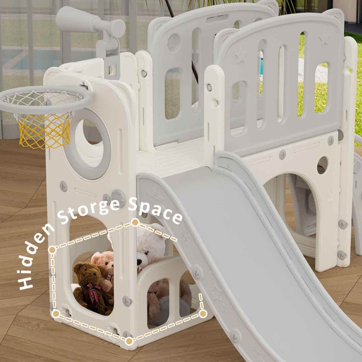 Little Story Grey Playhouse Activity Slide with Basketball Ring, Ball & Toy Storage