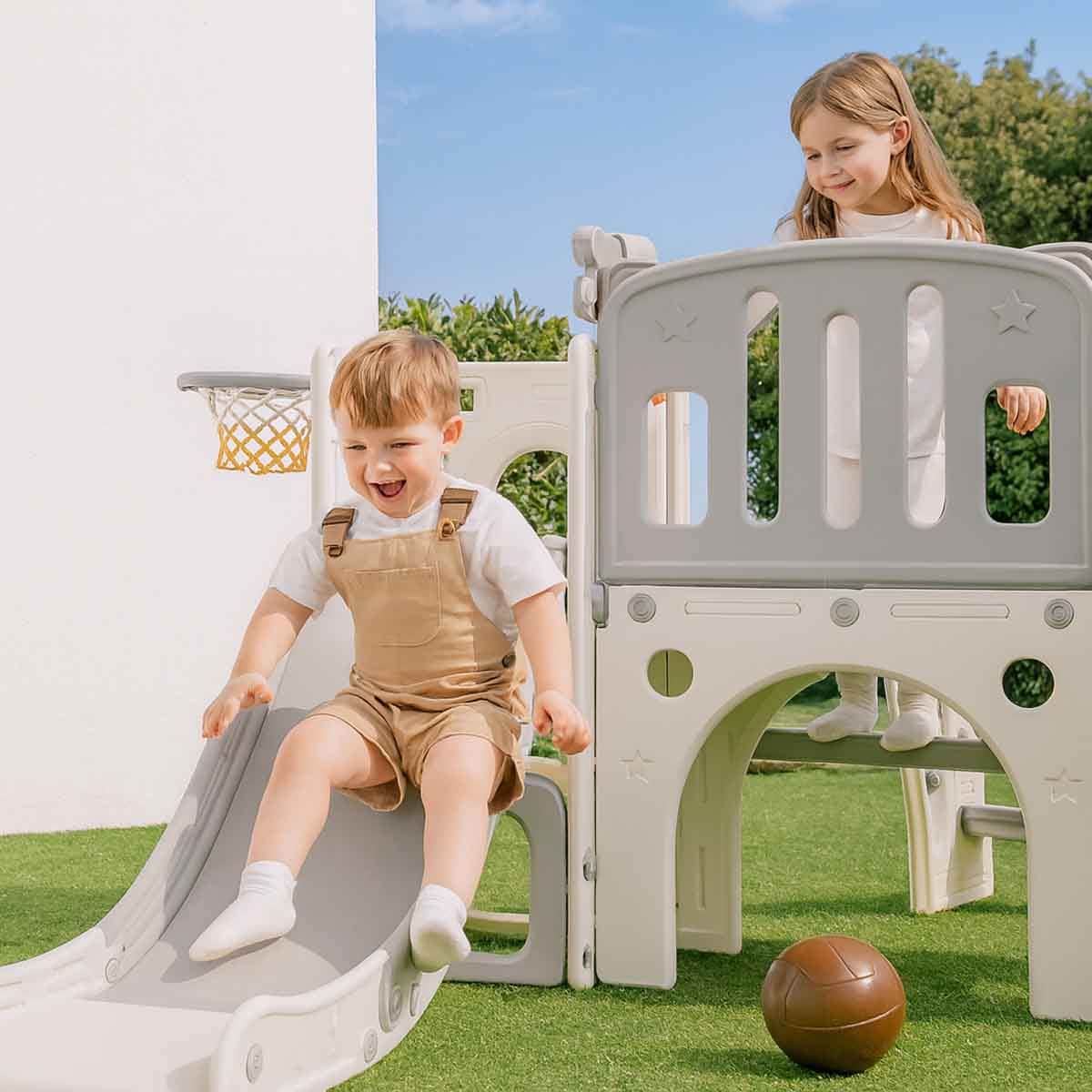 Little Story Grey Playhouse Activity Slide with Basketball Ring, Ball & Toy Storage