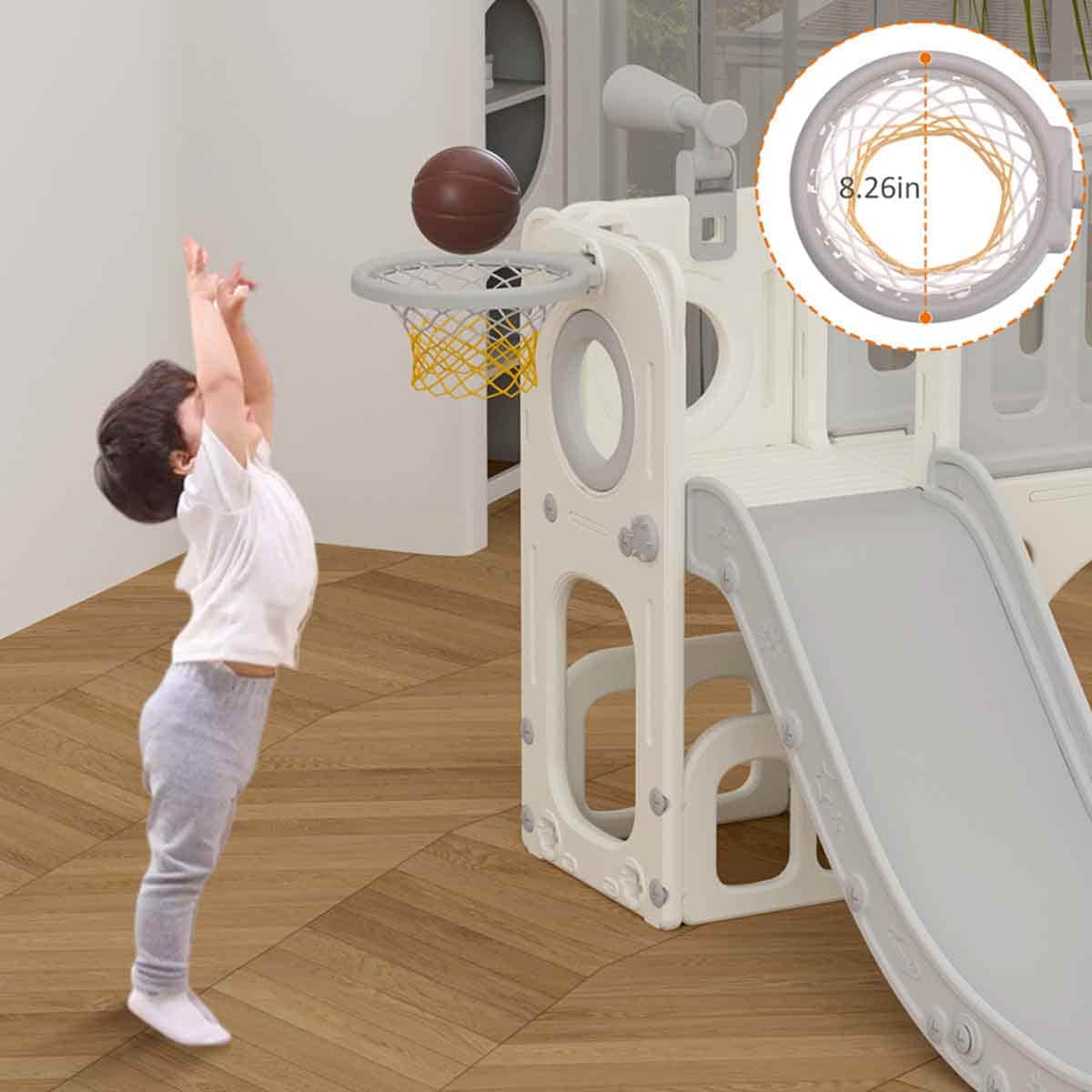 Little Story Grey Playhouse Activity Slide with Basketball Ring, Ball & Toy Storage