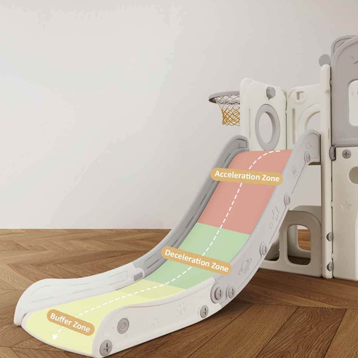 Little Story Grey Playhouse Activity Slide with Basketball Ring, Ball & Toy Storage