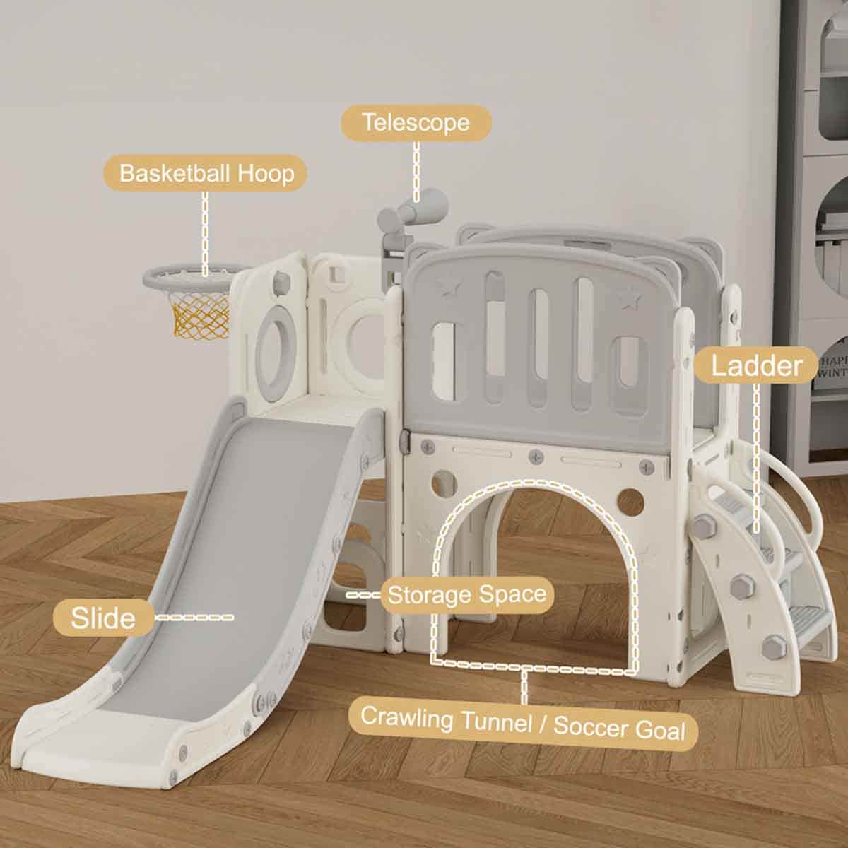 Little Story Grey Playhouse Activity Slide with Basketball Ring, Ball & Toy Storage