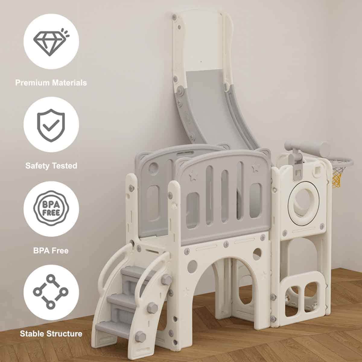 Little Story Grey Playhouse Activity Slide with Basketball Ring, Ball & Toy Storage