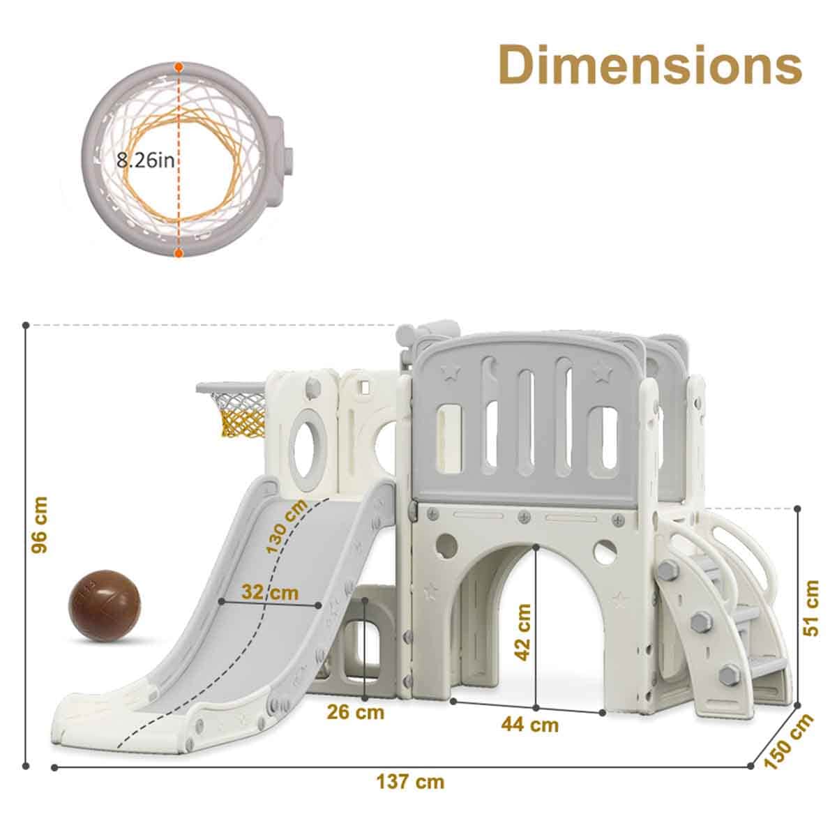 Little Story Grey Playhouse Activity Slide with Basketball Ring, Ball & Toy Storage