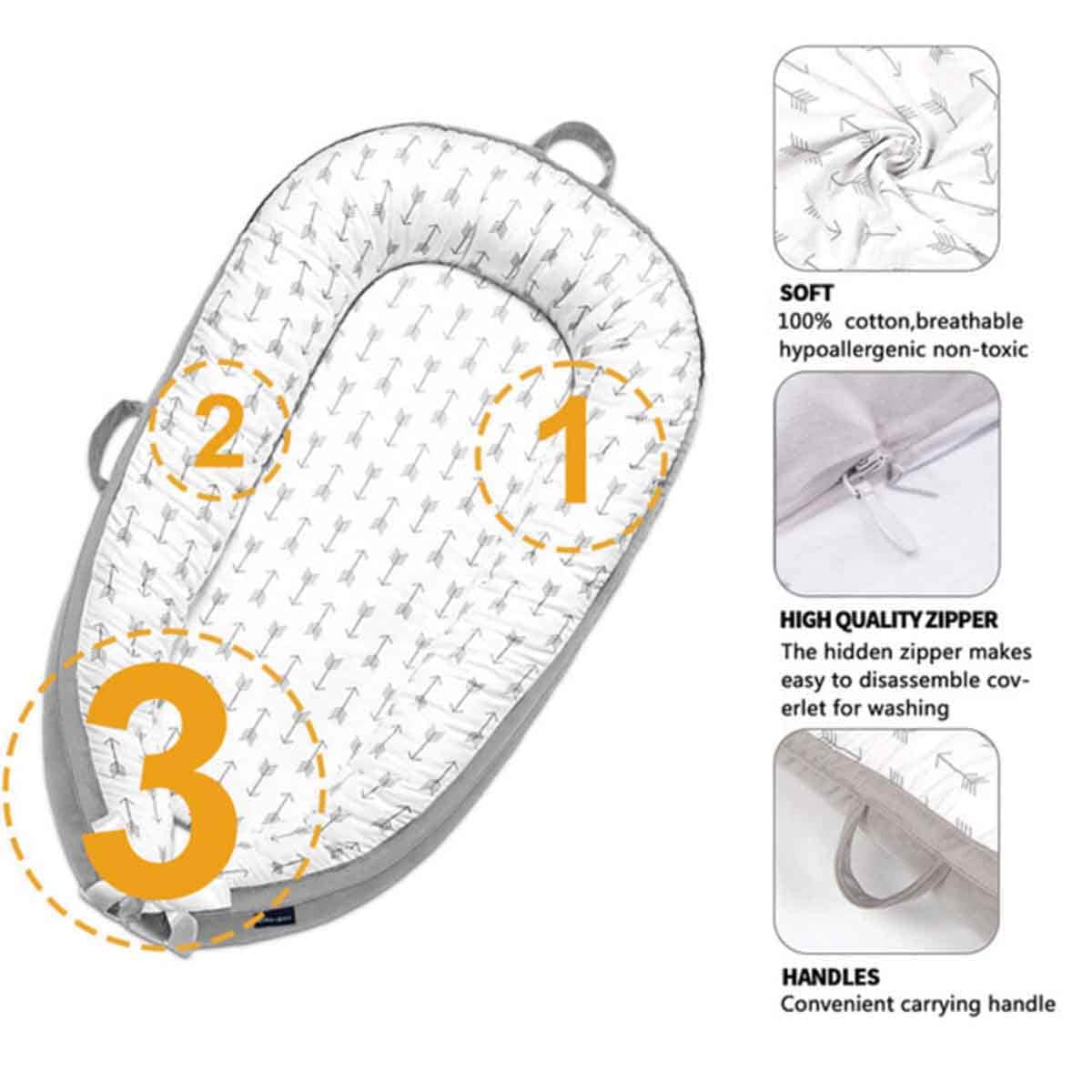 Little Story Soft Breathable Fiberfill Newborn Arrow Grey Lounger Bed