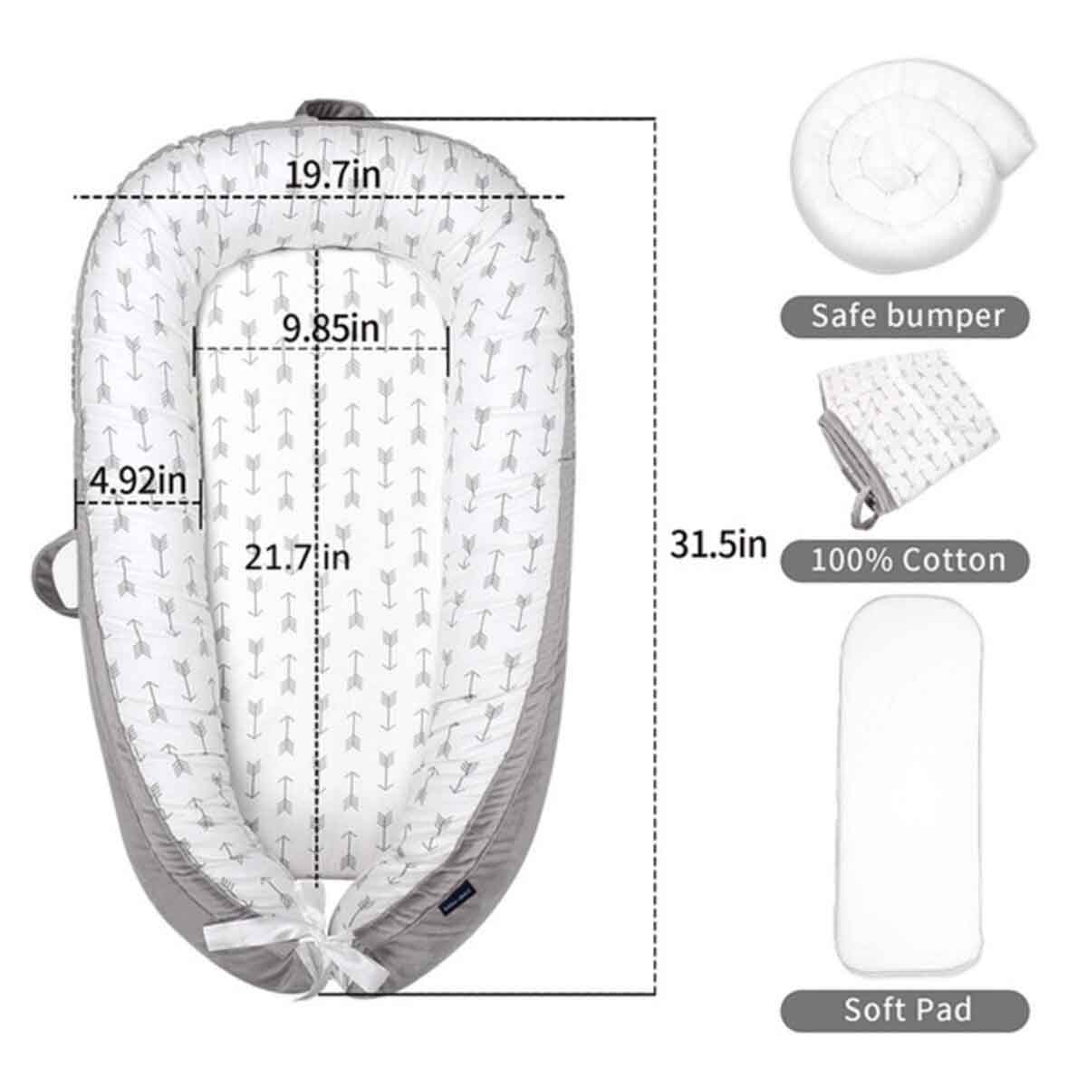 ليتل ستوري سرير استرخاء لحديثي الولادة بحشوة ألياف ناعمة وقابلة للتنفس – رمادي بنقشة الأسهم