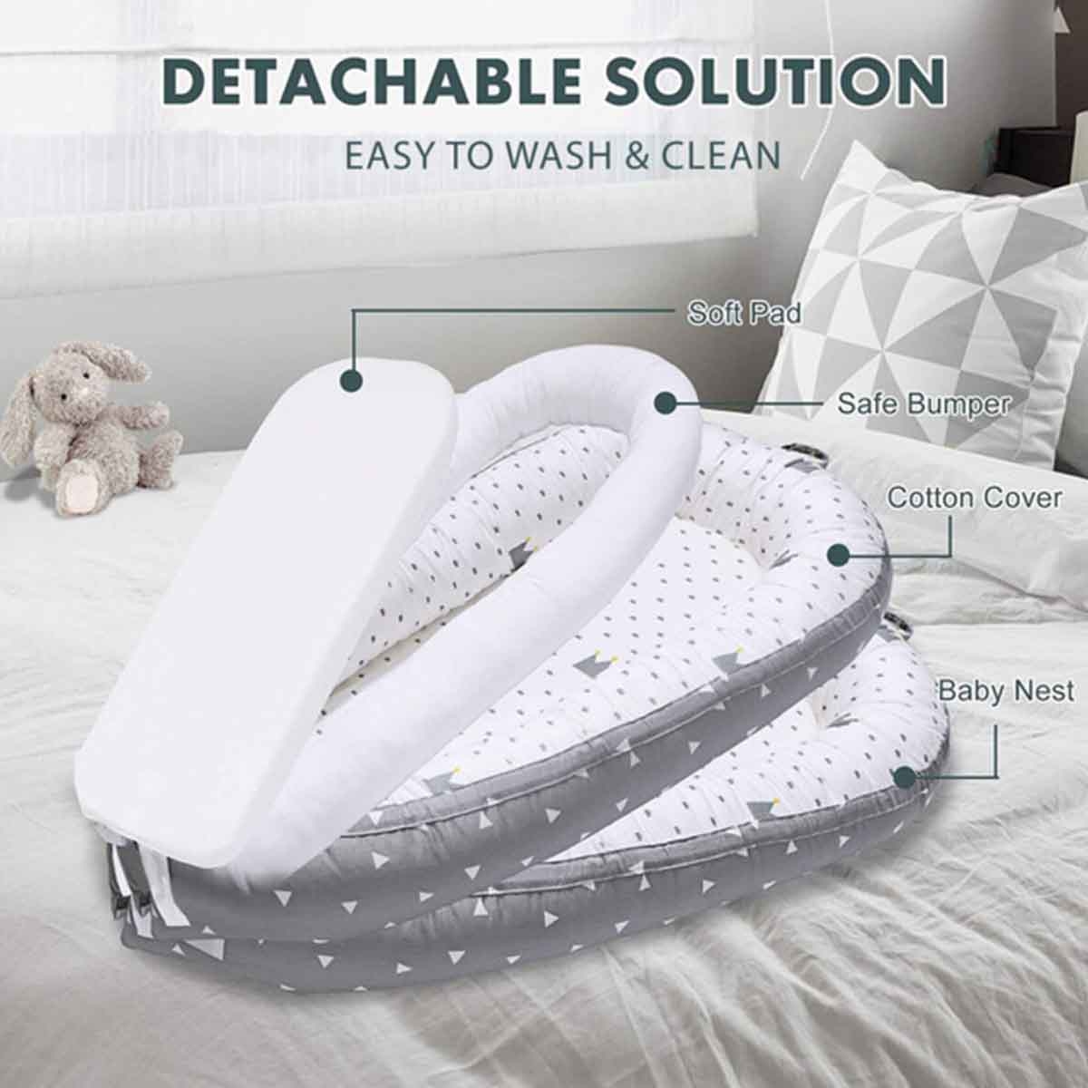 ليتل ستوري سرير استرخاء لحديثي الولادة بحشوة ألياف ناعمة وقابلة للتنفس – رمادي ملكي