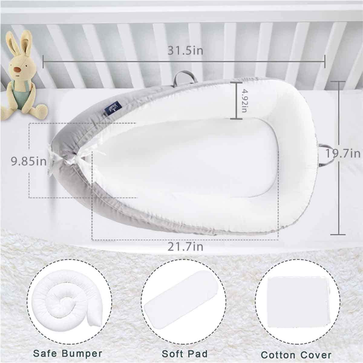 Little Story Solid Grey Soft Breathable Fiberfill Newborn Lounger Bed Toddler, 0-2 Years