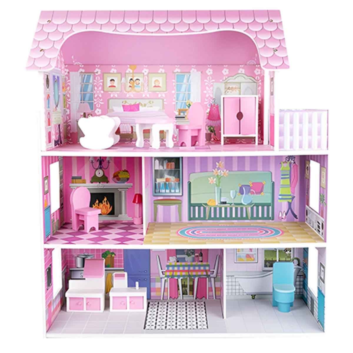 Little Story Triple Floor Castle Villa Wooden Dollhouse with Furniture & Accessories Girls, 3-4 Years