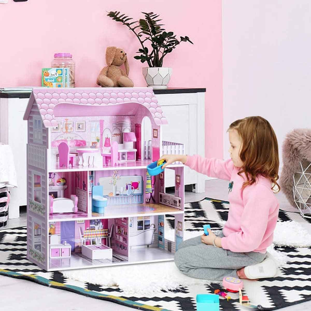 Little Story Triple Floor Castle Villa Wooden Dollhouse with Furniture & Accessories Girls, 3-4 Years