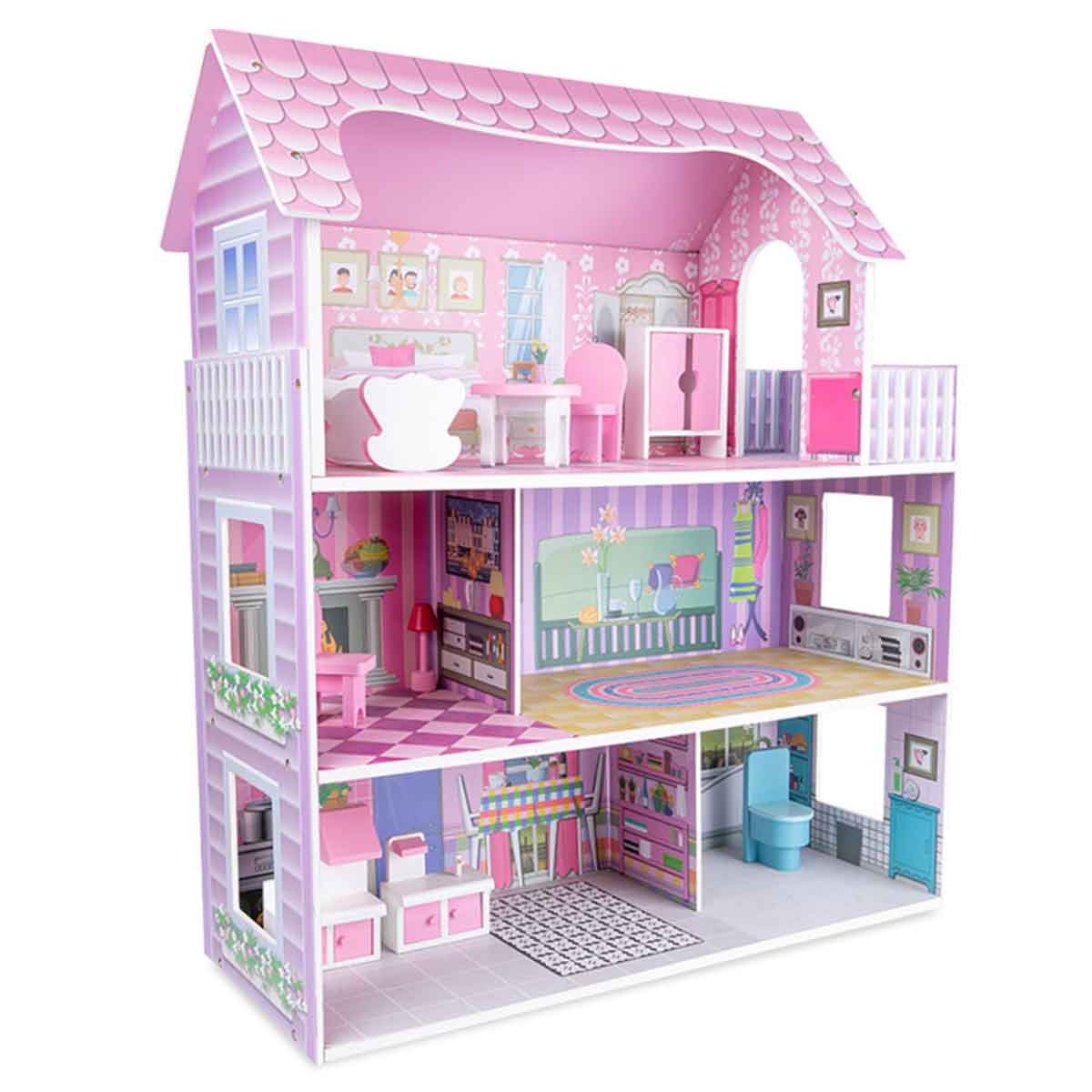 Little Story Triple Floor Castle Villa Wooden Dollhouse with Furniture & Accessories Girls, 3-4 Years