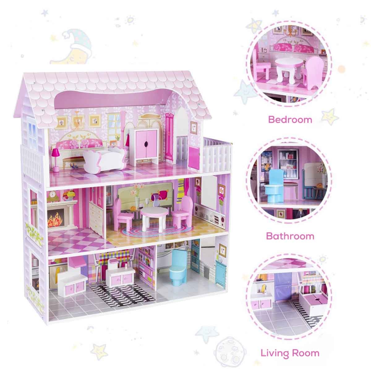Little Story Triple Floor Castle Villa Wooden Dollhouse with Furniture & Accessories Girls, 3-4 Years
