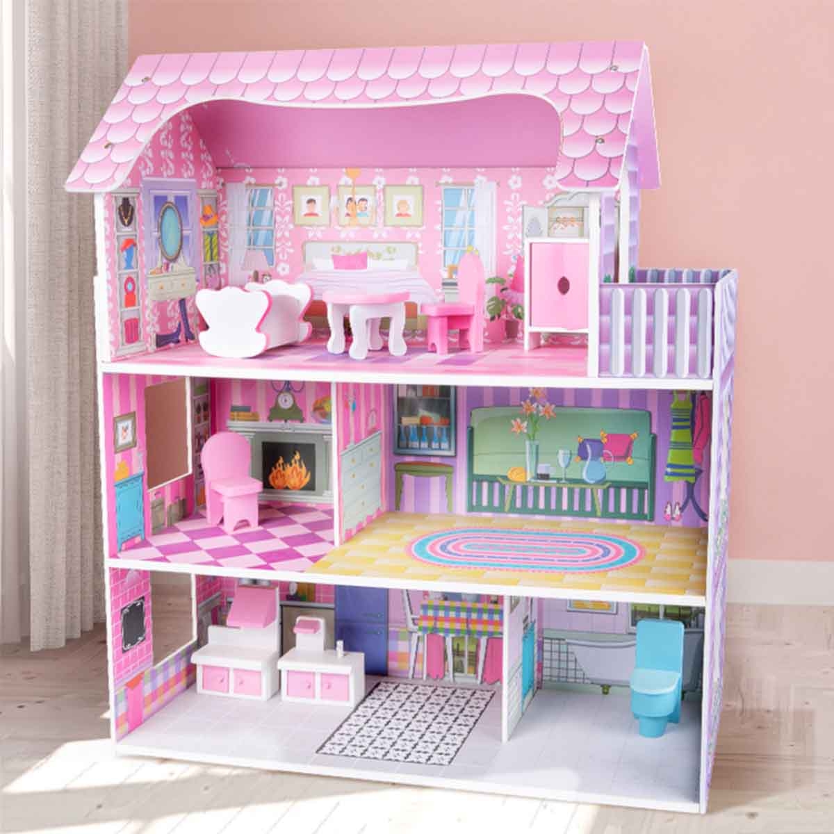 Little Story Triple Floor Castle Villa Wooden Dollhouse with Furniture & Accessories Girls, 3-4 Years
