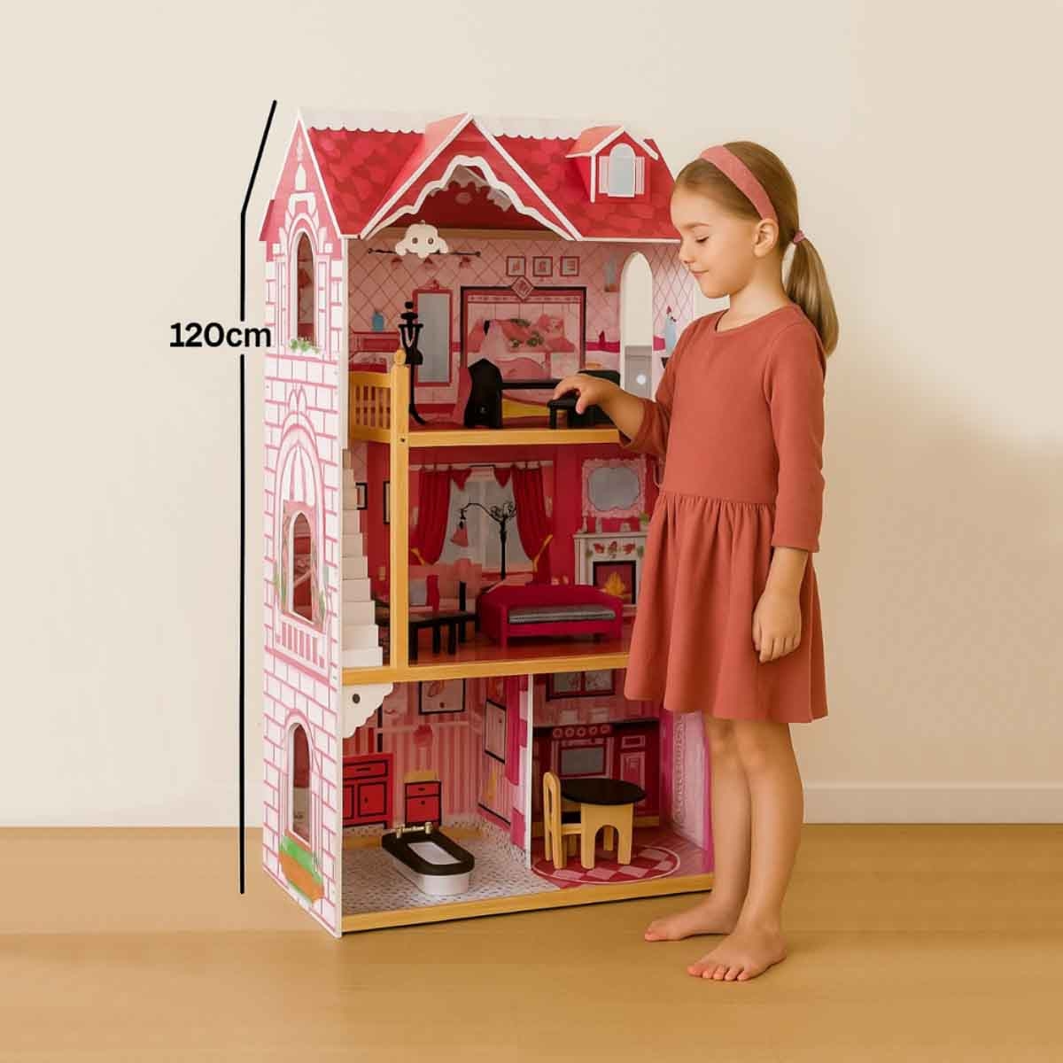 Little Story Triple Floor Extra Large Wooden Dollhouse with Escalator Furniture & Accessories Girls, 3-4 Years