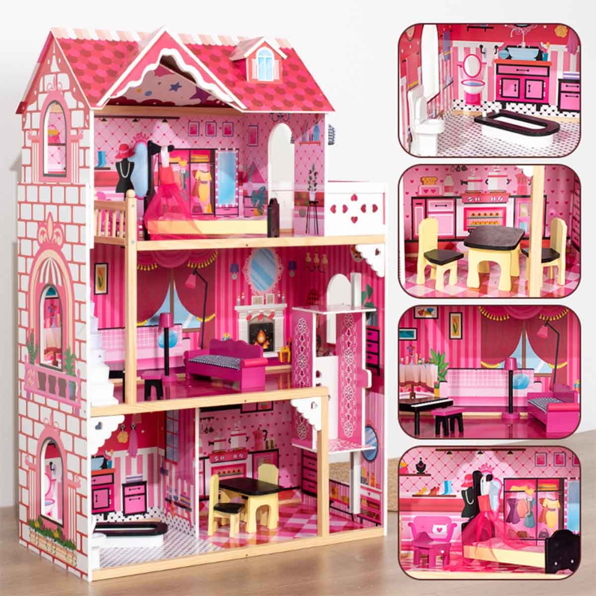 Little Story Triple Floor Extra Large Wooden Dollhouse with Escalator Furniture & Accessories Girls, 3-4 Years
