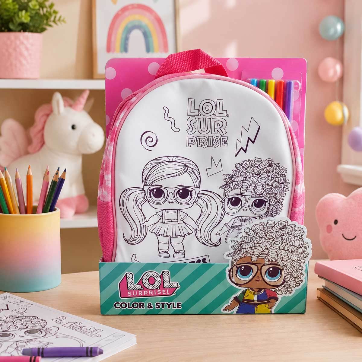 LOL Surprise! Color & Style Backpack with 5-Piece Washable Markers Set