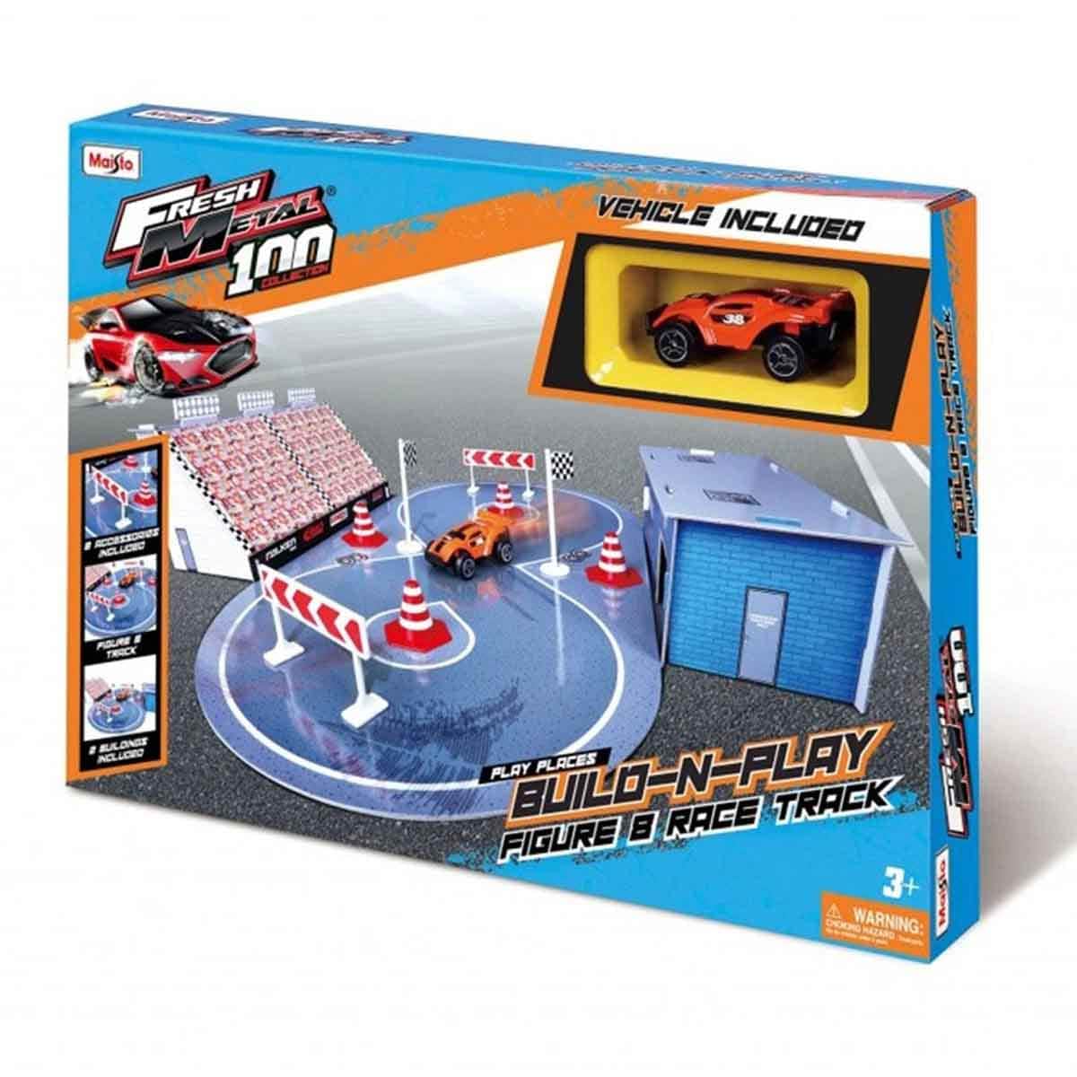 Maisto Build-N-Play Figure 8 Race Track Playset & Fresh Metal Diecast Vehicle Bundle Boys, 3-4 Years