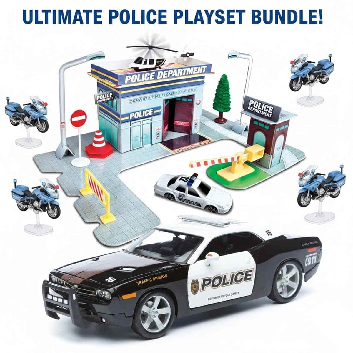 Maisto Build-N-Play Police Station with BMW Motorcycle & Dodge Challenger Police Car Bundle Unisex, 3-4 Years