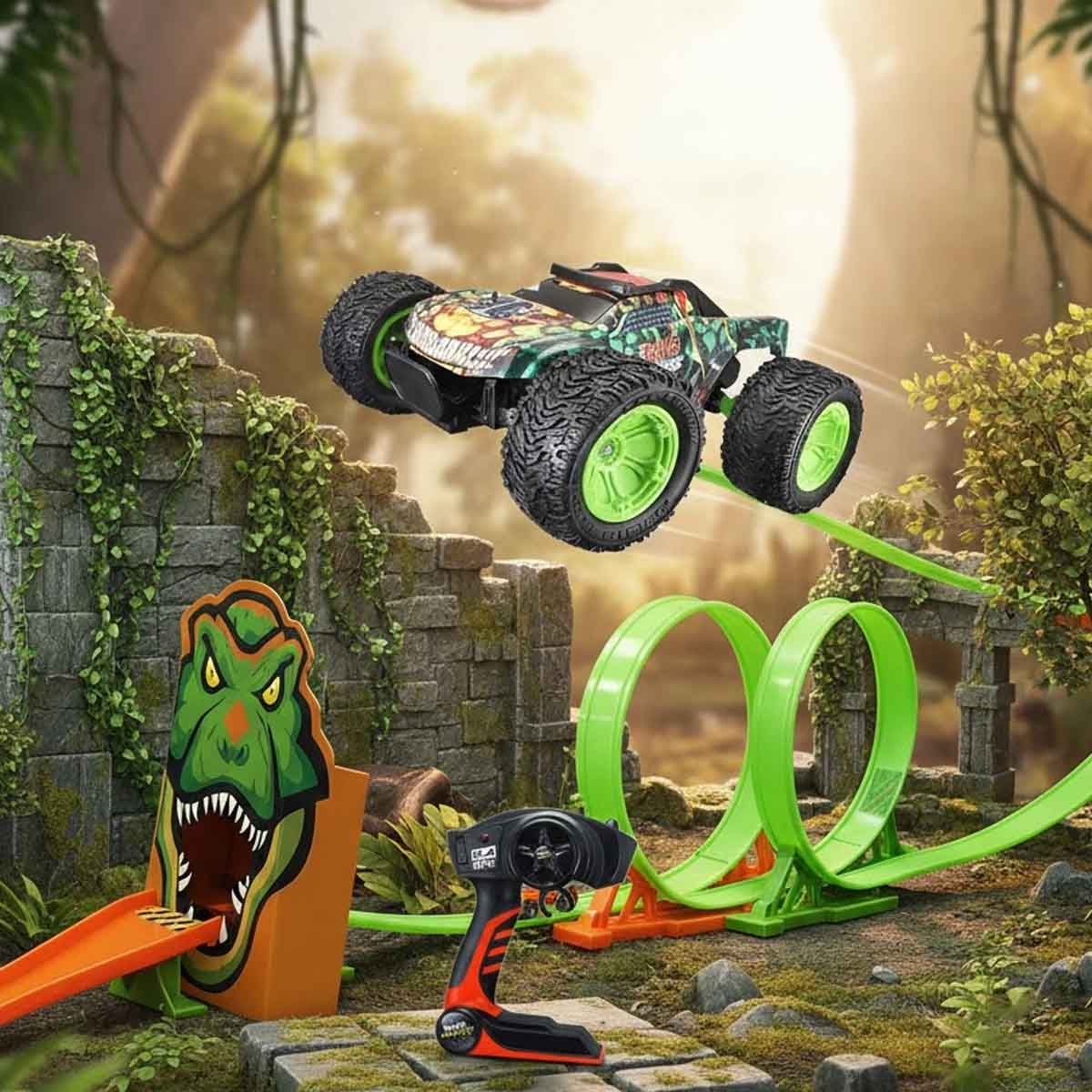 Maisto Dino Adventure Double Loop Challenge Playset & Off Road Dino Attack R/C Car Bundle Boys, 8-10 Years