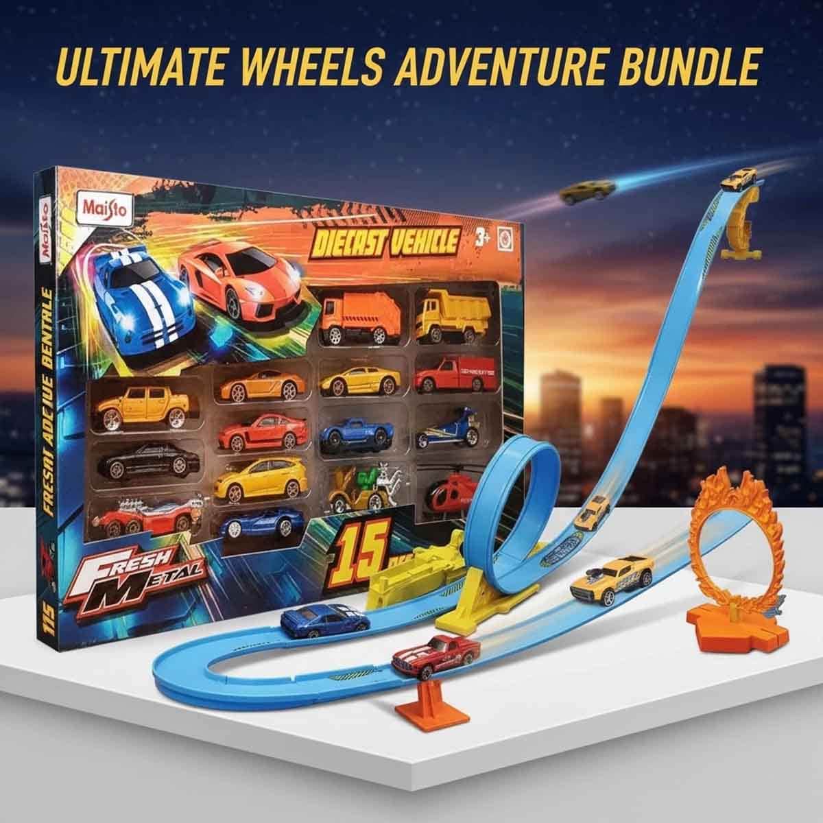 Maisto Fresh Metal 100 Loop & Launch Stunt Car Playset & 15-Piece 3" Fresh Metal Assorted Diecast Vehicle Set Bundle Boys, 3-4 Years