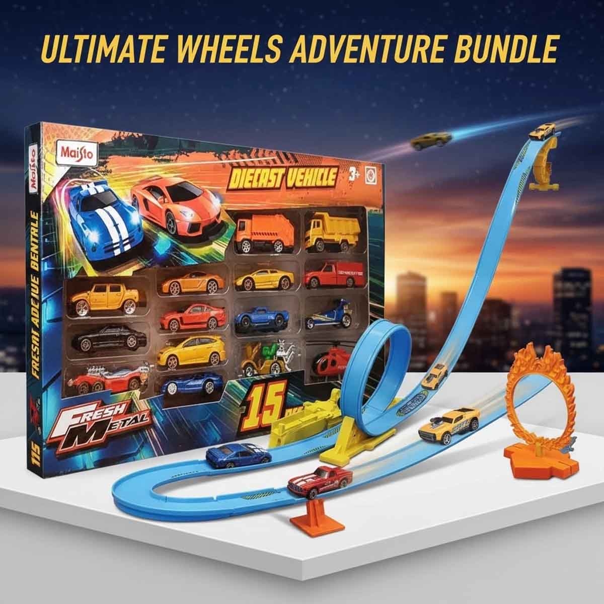 Maisto Fresh Metal 100 Loop & Launch Stunt Car Playset & 15-Piece 3" Fresh Metal Assorted Diecast Vehicle Set Bundle Boys, 3-4 Years