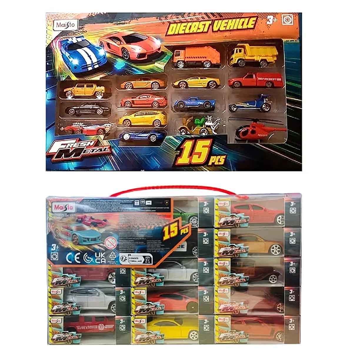 Maisto Fresh Metal 100 Loop & Launch Stunt Car Playset & 15-Piece 3" Fresh Metal Assorted Diecast Vehicle Set Bundle Boys, 3-4 Years