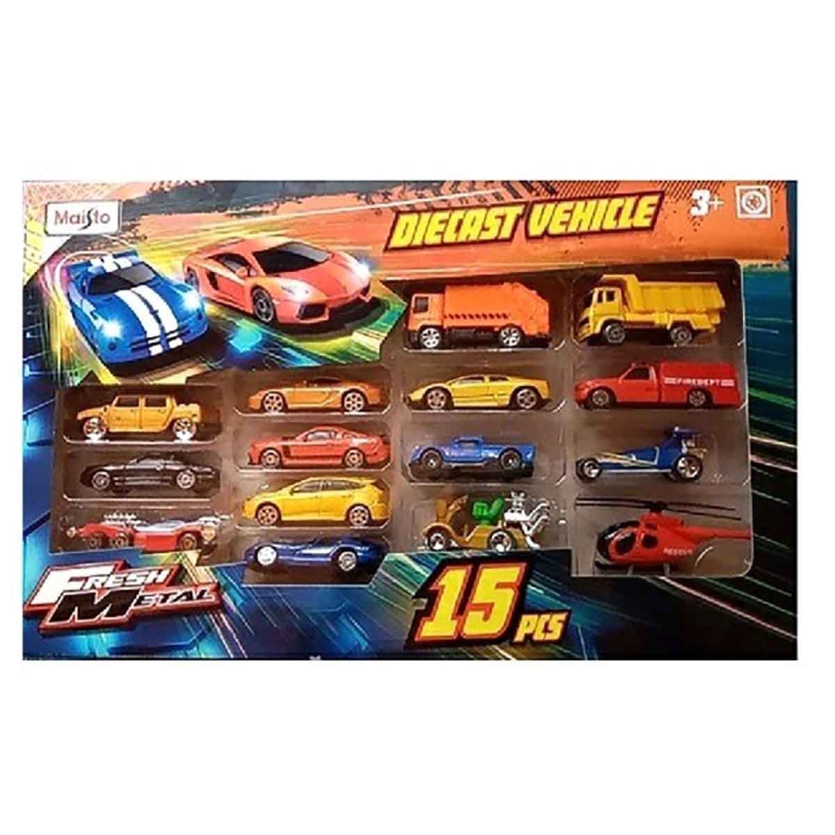 Maisto Fresh Metal 100 Loop & Launch Stunt Car Playset & 15-Piece 3" Fresh Metal Assorted Diecast Vehicle Set Bundle Boys, 3-4 Years
