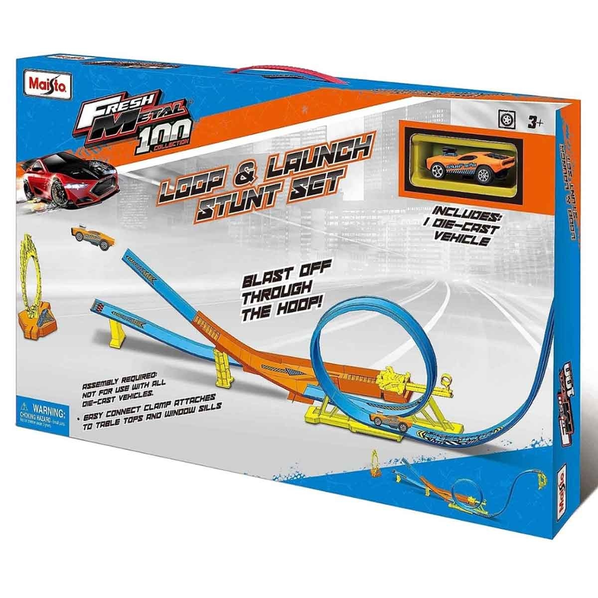 Maisto Fresh Metal 100 Loop & Launch Stunt Car Playset & 15-Piece 3" Fresh Metal Assorted Diecast Vehicle Set Bundle Boys, 3-4 Years